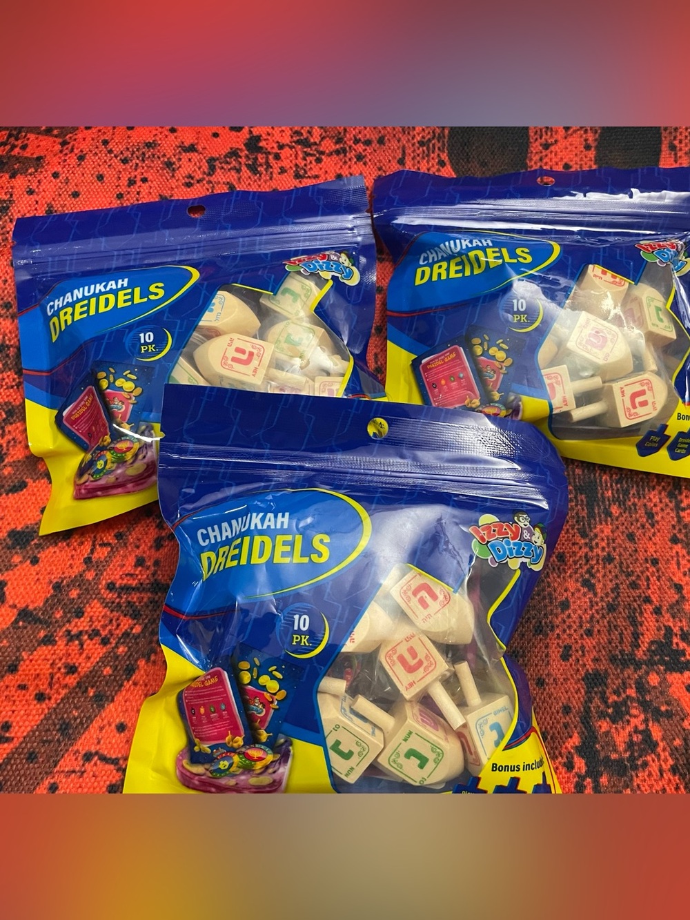 Lot of 3 Izzy & Dizzy Dreidel Games, 10 Wooden Dreidels per Pack NEW